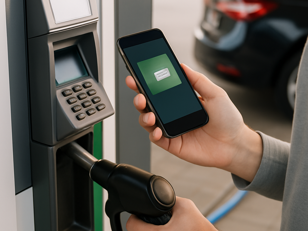 給油機のリーダーにスマホをかざして非接触決済、素早く支払う運転者の手元