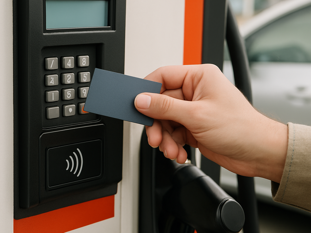 給油機前で複数のカードとスマホを手に迷う人に、店員が正しい端末を指し示しトラブル回避を促す