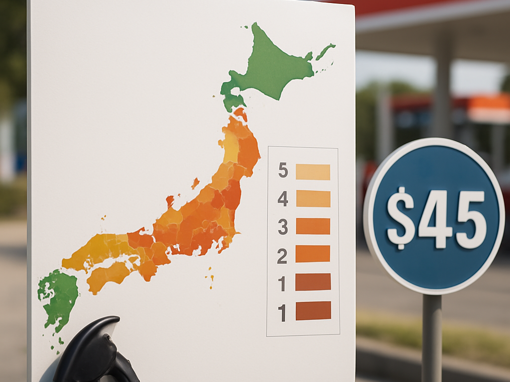 記事タイトル「今ガソリンが高い県はどこ？地図とランキングで確認でき、安い入れどきまでわかる」の内容を象徴する、記事冒頭に表示するアイキャッチ画像。 記事の主な内容・テーマ：地図とランキングで、いまガソリンが高い県を一目で把握する、都道府県別のガソリン価格差が生まれる理由、近隣県との価格差をどう判断するか、越境給油の損益分岐、短期の値動きと安く入れやすいタイミ
