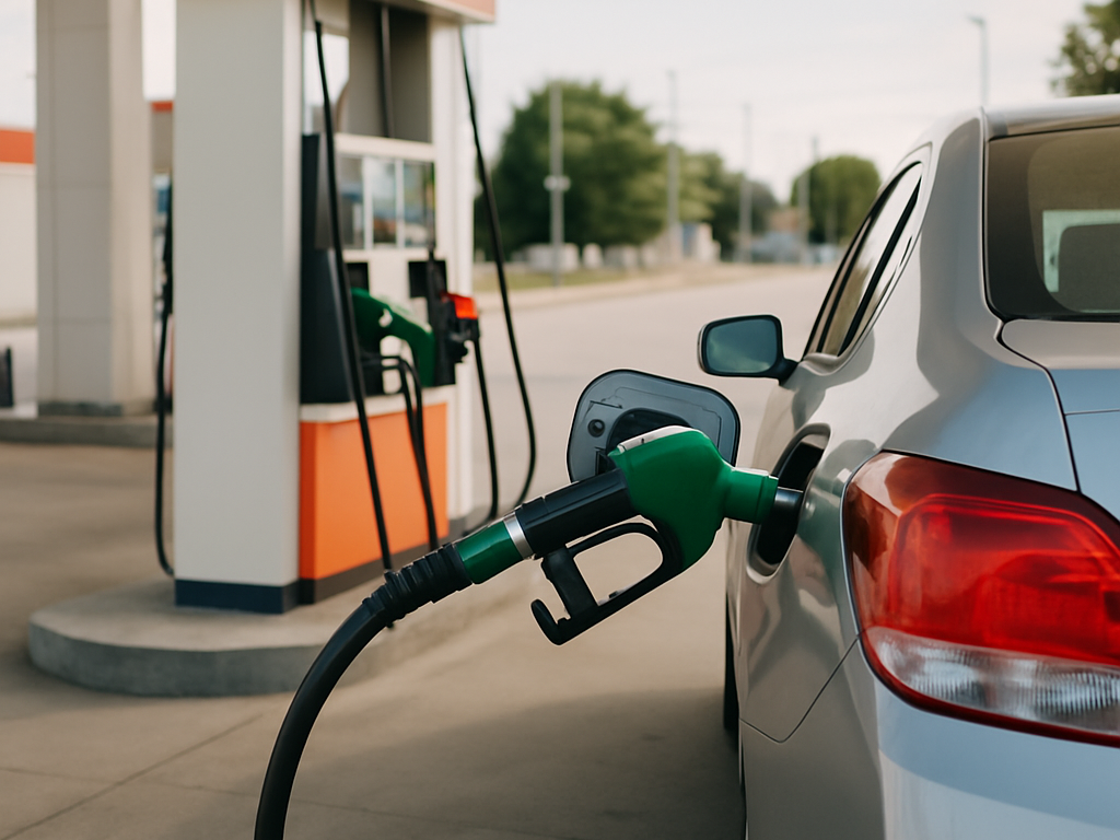 無地のガソリンスタンドで給油しつつ、スマホのポイントアプリを確認する運転者