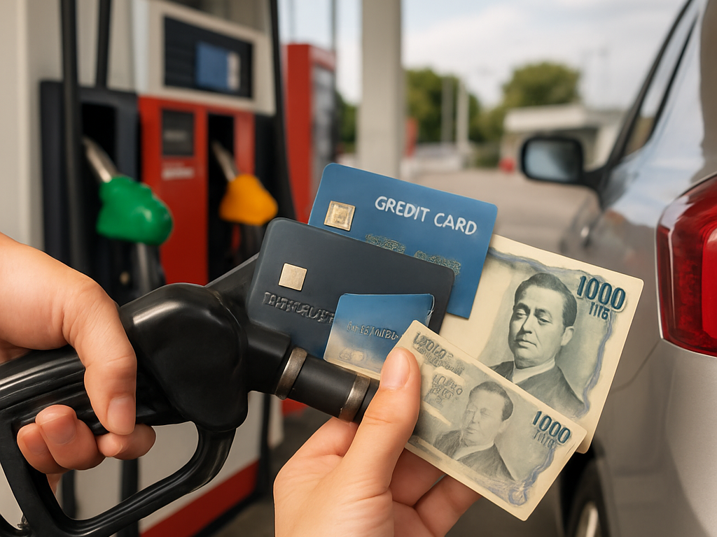 給油機の決済端末前で、クレカとQRコード決済を比較して選ぶ手元