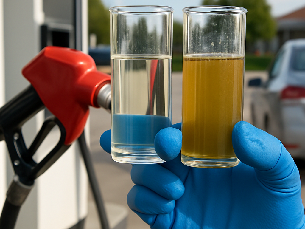 記事タイトル「ガソリンの色は何色?正常な見た目と軽油・灯油との違い、劣化サインと対処まで」の内容を象徴する、記事冒頭に表示するアイキャッチ画像。 記事の主な内容・テーマ:ガソリンの色は何色か 基本の見た目と正常の範囲、ガソリン・軽油・灯油の色と見た目の早見表、古いガソリンの変色と劣化サインを見抜く、水や不純物の混入・エタノール相分離の見分け方、色が付く特別な