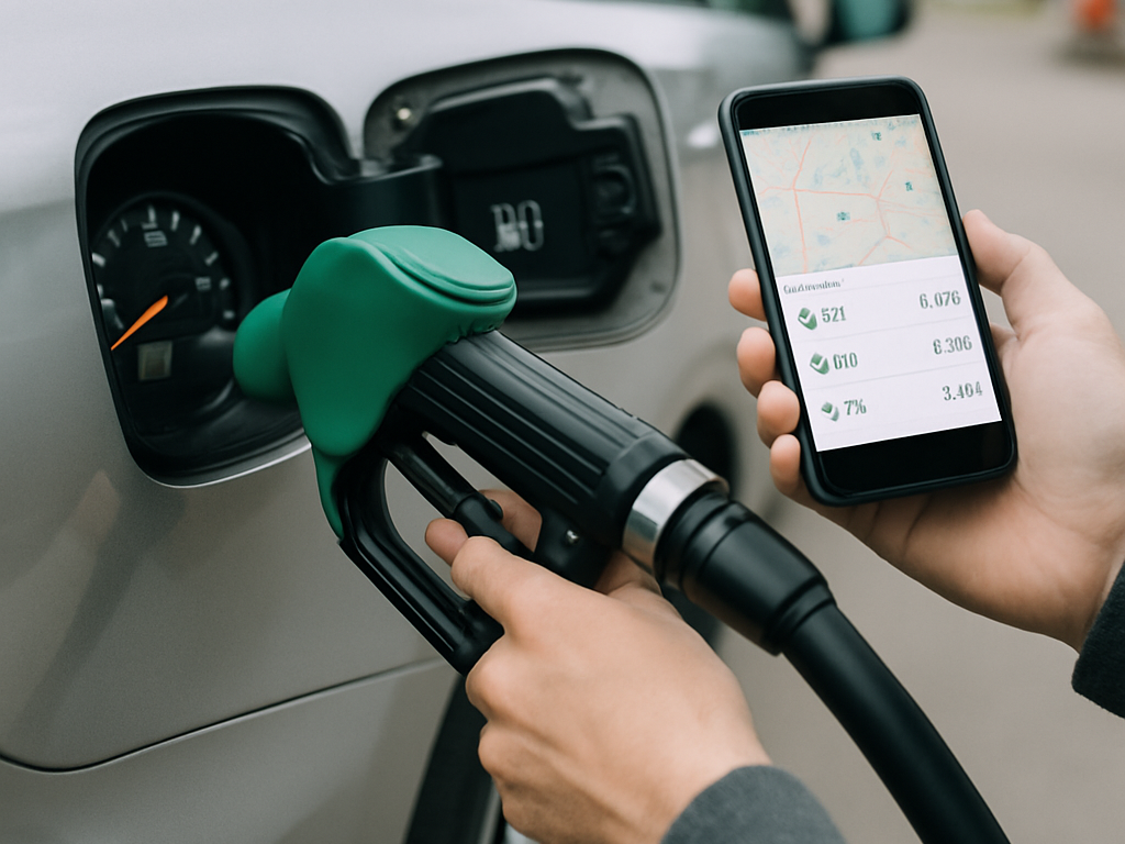 無印の給油機の前で、運転者がスマホの価格情報を見て入れるか待つか思案